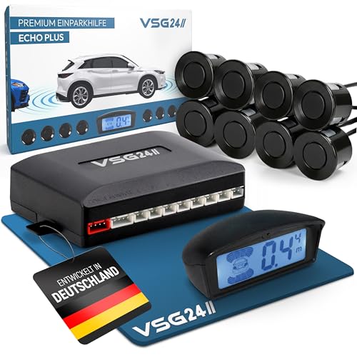 VSG24 Premium Kombi Einparkhilfe mit Display zum nachrüsten am Auto, PDC Parksensoren Vorne Hinten mit Stecksystem für einfachste Montage - 8 Rückfahrwarner Sensoren Parkhilfe Nachrüstsatz Schwarz