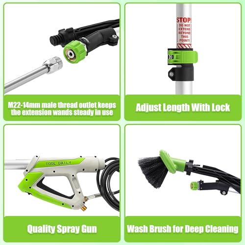 Tool Daily 21FT Telescoping Pressure Washer Wand with Brush, Power Washer Extension Wand, Aluminum Telescopic Gutter Cleaner with 3 Curved Rods, 5 Sprayer Nozzle Tips and Adjustable Belt, 4000 PSI