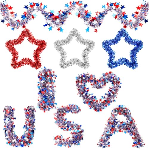 Image of 8 Pcs Patriotic Party Set Includes 3pcs Patriotic Tinsel Star Wall Hanging Decor and 5pcs 33 ft Independence Day Glitter Shiny Twist Tinsel Garlands for Memorial Day Party Tree Home Hanging Decor