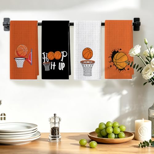 Image of 4 Pcs Basketball Hand Towels for Bathroom 24x14 Inch, Basketballs Gifts Reusable Dish Towels for Kitchen Bathroom Home Decor, Waffle Weave Hand Cloth Tea Towel, Basketball Lover Gifts for Women Friend