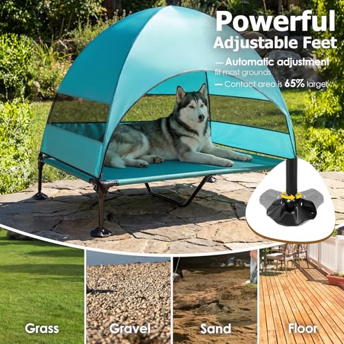 Image of Elevated Dog Bed with UV-Proof Canopy, Outdoor Dog Tent with Powerful Adjustable Feet, Portable Pet Cot with Wider Shade, Raised Cooling Bed for Camping, Patio, Beach, Poolside