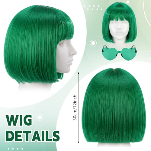 Image of Chunyin 2 Pieces Party Wigs and Sunglasses Set, Neon Short Bob Wig Costume Cosplay Colorful Wig Hairpieces for Bachelorette Neon Party Favors, Halloween, Decorations (Green)