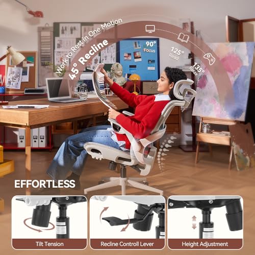 B100 Sedia da Ufficio Ergonomica, Sedia da Scrivania con Supporto Lombare Dinamico Adattivo, Sedia da Computer con Poggiatesta, Braccioli Pieghevoli, Inclinazione Regolabile 90-135°, Bianca - Sedia gaming - Immagine 5