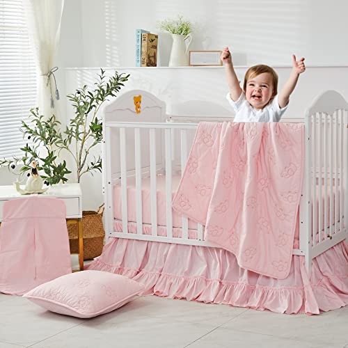 Image of Brandream Crib Bed Skirt for Baby Girls Boys Blush Pink Boho Bohemian Solid Cotton Toddler Bedskirt Farmhouse Chic Ruffle