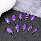 Halloween Purple Press on Nails - Square Fake Nails with Bat Designs, Reusable Full Cover Glossy Nails | 24Pcs