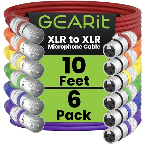 GearIT XLR Microphone Cable (10 Feet, 6 Pack) - 3-Pin Balanced Shielded XLR Male to Female Mic Cable for Mixer, Studio, Podcast - Multi Colored, 10Ft, 6 Pack by GEARit - Used condition - US$29.56