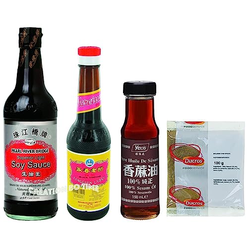 Kit / Lot de 4 Ingrédients de Base de la cuisine Asiatique/Chinoise : Sauce Soja, Vinaigre Noir, Huile de Sésame et un Mélange de 5 Épices - Prix réduit !