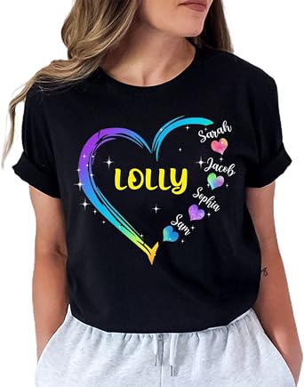 LOVELYPOD Personalized Mothers Day Shirts - Grandma Colorful Heart T-Shirt, Casual Graphic Tee S-4XL