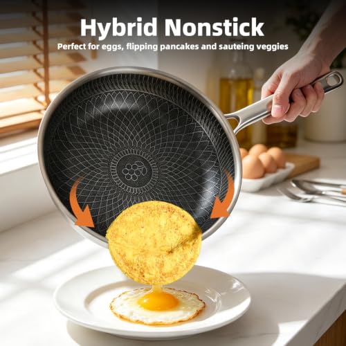 MAGICFEFE 12 Inch Hybrid Honeycomb Nonstick Skillet with Lid, Stainless Steel Pan, Stay-Cool Handle, PFOA PFOS Free Non Toxic, Induction, Dishwasher & Oven Safe 437°F All Cooktops by MAGICFEFE - Used condition - Image 4