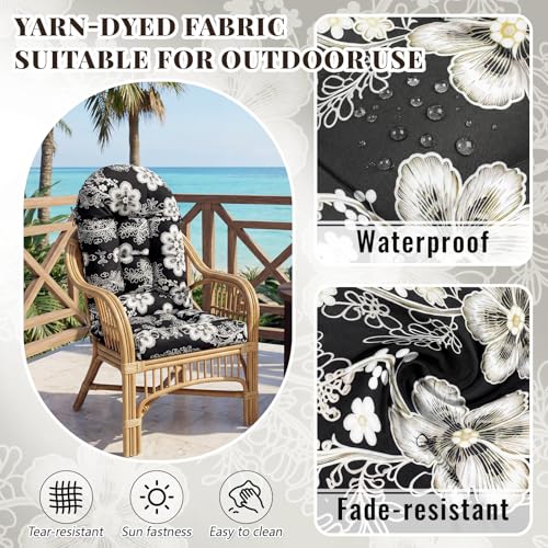 Image of Geelin 4 Pcs Outdoor Patio Chair Cushion Thick High Back Adirondack Chair Cushion Tufted Weather & Fade Resistant Anti-Slip Outside Rocking Chairs Pads with Ties 44 x 19 x 4 Inch (Onyx Ivory Bloom)
