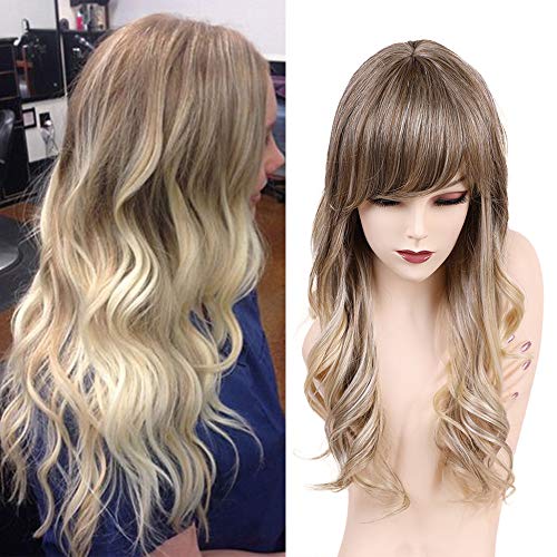Emmor Blonde Long Wavy Human Hair Wigs for Women Blend With Kanecalon Fiber Ombre Curly Wig with Bangs,Natural Daily Use