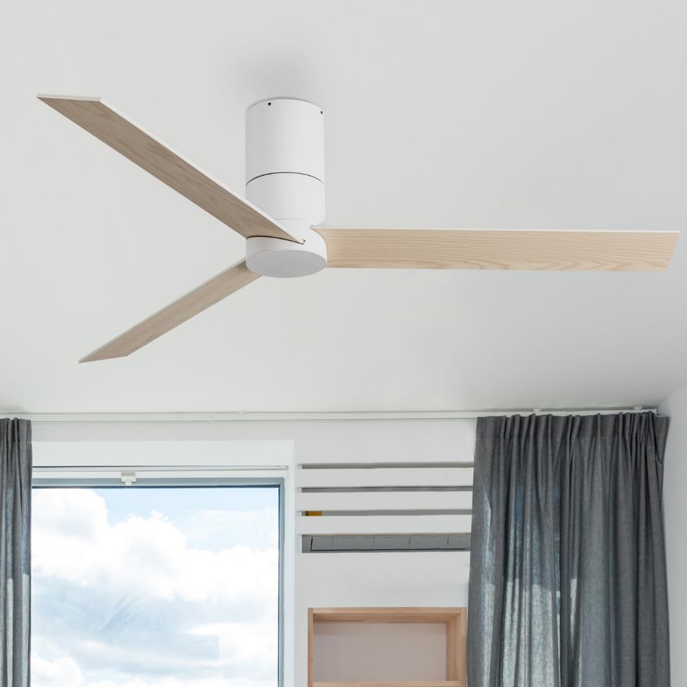 / HYBRID/Ventilador de techo blanco y palas reversibles blanco-arce Ø120 cm/Ultra Silencioso, bajo consumo, 6 Velocidades, Mando a Distancia, Verano-Invierno, temporizador, modo brisa
