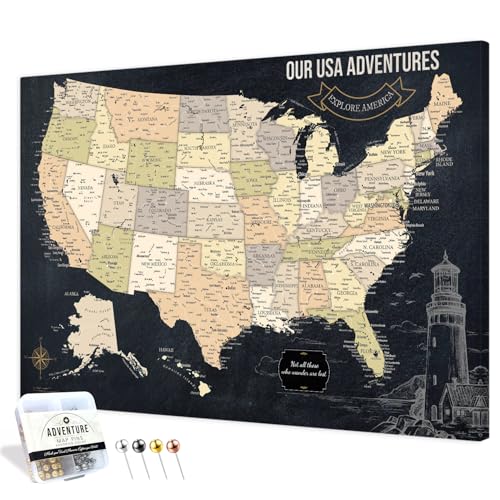 Image of IPIC - Vintage USA Travel Map, Pin Board Canvas Wall Art, Travel Map with Pins Included, Ready to Hang for Home or Office, 36x24 Inch