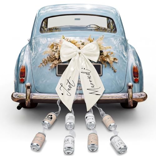 Thiccywoov 18 Pcs Just Married Car Decorations Wedding Car Decorations Giant Pull Ribbon Bow Tin Cans Stickers for Automotive Decor Accessories Bride Vehicles Photo Props Elegant Wedding Party Decor