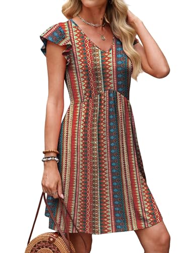 Image of OFEEFAN Summer Dresses for Women Beach Vacation Clothes V Neck Ruffle Sleeve Babydoll Dress Elegant Classy Sundress