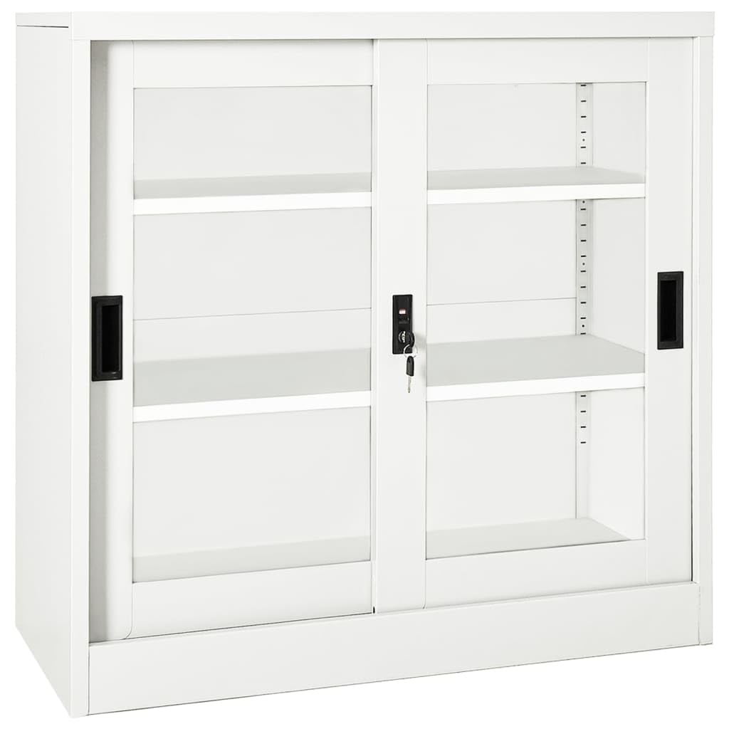 Armoire à Portes coulissantes en Acier Blanc 90x40x90 cm avec Serrure 2 étagères réglables pour Bureau Rangement dossiers Organisation Stockage sécurisé