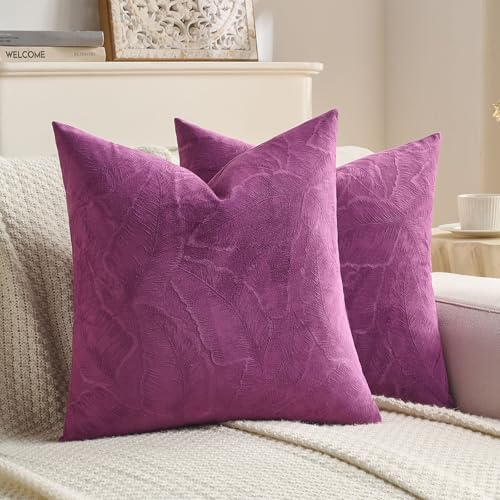 Image of FUTEI Pack of 2 Velvet Throw Pillow Covers 20x20 Inch Soft Embossed Leaf-Relief Textured Decorative Cushion Cases Modern Natural Farmhouse Accent for Couch Bed Living Room, Purple