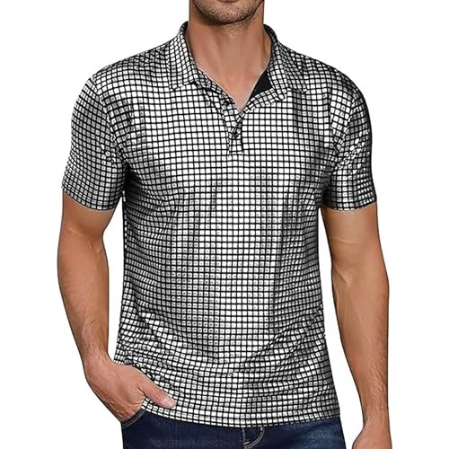 Vekewsap Polo brillante para hombre, corte ajustado, camisa con purpurina, disfraz de fiesta, camiseta temática, carnaval, disfraz, lentejuelas, hipster, discoteca, graduación, camiseta polo de manga