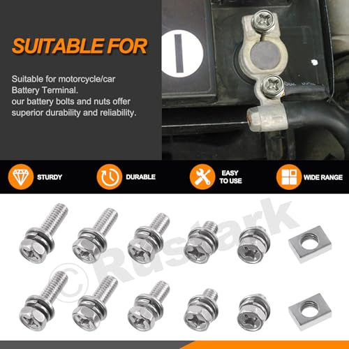 Rustark 60Pcs M6x10mm 12mm 16mm 18mm 20mm 304 Edelstahl Motorrad Batterie Schrauben Muttern Set, ATV Batterieklemme Schrauben Vierkantmuttern Battery Bolts and Nuts für ATV Motorrad Reparaturen
