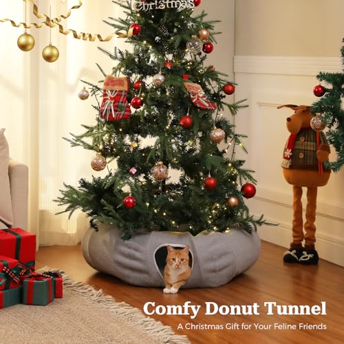 Image of PEQULTI Cat Donut Tunnel with Bed for Indoor Cats, Cat Play Tunnel with Washable Soft Plush Mat, Round Tube Toys Cute Tube for Kittens, Puppies, Rabbits and Ferrets, Grey