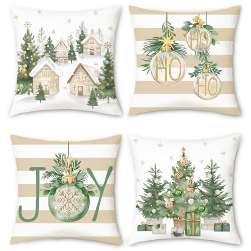 Bonhause Winter Christmas Cushion Covers 45 x 45 cm Pine Trees Xmas Balls Snowy Houses Decorative Throw Pillow Covers for Sofa Bed Home Patio Holiday Decor Set of 4