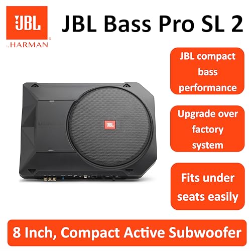 JBL BassPro SL2 Aktiv Subwoofer Auto Set - Car hifi Untersitz Bassbox Gehäuse mit Bassreflex Woofer box groß 200mm und 125 Watt aktiver Verstärker, Schwarz, 44