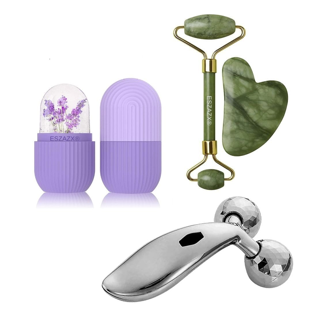 ESZAZX 3-in-1 Gua Sha & Ice Roller Facial Massage Set – Jade Roller, Ice Roller & 3D Face Massager for Skin Tightening, Puffiness Relief & Body Relaxation-image-9