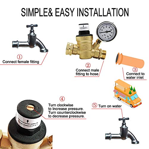 image for Twinkle Star RV Water Pressure Regulator Valve with Gauge and Inlet Sc