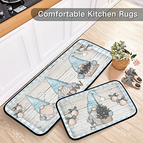 Winter Gnomes Wooden Snow Bell Kitchen Rug And Mat Set Of 2 Anti Fatigue Non Slip Washable Blue Tartan Plaid Snow Runner Rugs Floor Mats For Christmas Xmas Holiday Kitchen Laundry Room Home Decor #TOP5