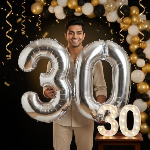 Image of Balloonistics Silver 40-Inch Foil Number 30 Balloon with Matching LED Marquee Light - Combo Set for 30th Birthday, Anniversary, Party Decoration, Photo Booth Backdrop, Cake Table Decor