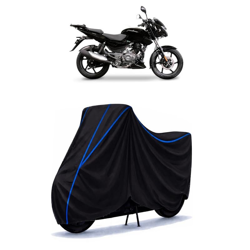 Image of Bajaj Pulsar 150 Classic Bike Cover Water Resistant Universal Motorcycle Rain | Heavy Duty UV Protection, Dust, Scratch Indoor Outdoor All Weather with Black Blue Piping Elastic