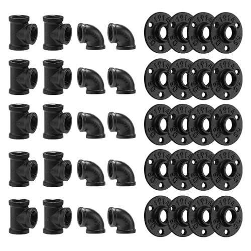 Home TZH 1/2" Black Floor Flange/Elbow/Tee Combo, 40 Pack Pipe Fitting for Industrial vintage style DIY Project/Furniture/Shelving Decoration (40, Black, 1/2 Inch)
