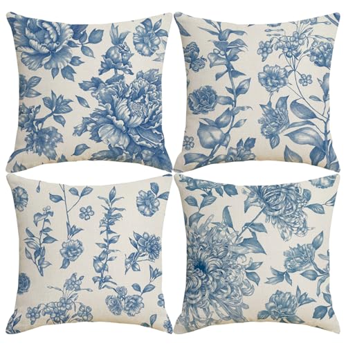 LOHDALOLF Blue Toile Throw Pillow Covers 18x18 Inch Set of 4, French Country Decorative Accent Pillows for Couch Sofa, Vintage Chinoiserie Peony Floral Cushion Cases, Farmhouse Cottagecore Decor