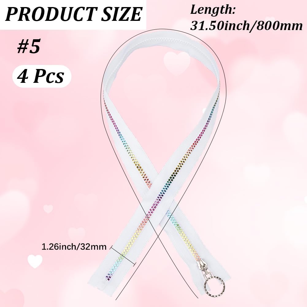 CABODYALS 4Pcs #5 White Metallic Rainbow Zipper Tape by The Yard Teeth Resin Colorful Coil Sliver Metal Round Ring Pull Nylon Separating Zippers Bulk for Sewing Making Tailor Bag Clothes Crafts Decor