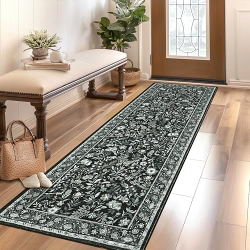GarveeHome 2x6 Washable Runner Rug Black Floral Rug Runner for Hallway Soft Non-Slip Kitchen Runners Stain Resistant Ultra-Thin Entryway Indoor Carpet Long Rugs for Bedroom Laundry Bathroom Bedside