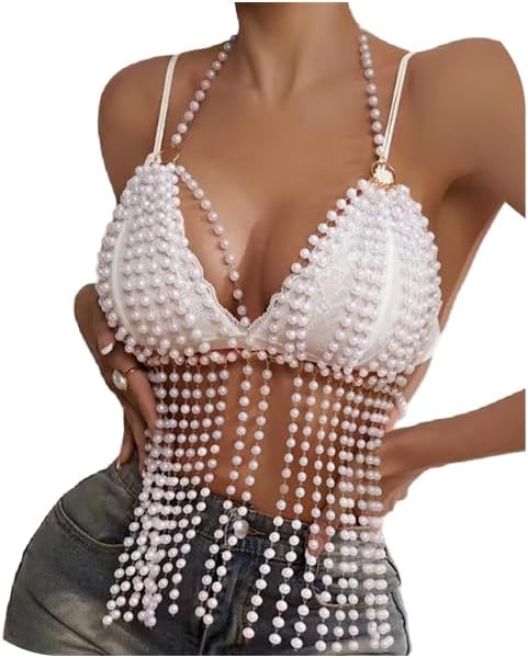 Gold Pearl Beaded Tassel Vest Body Chain Jewelry Multilayered Summer Beach Beads Chest Bra Lingerie Chain Pearl Waist Body Jewelry for Women