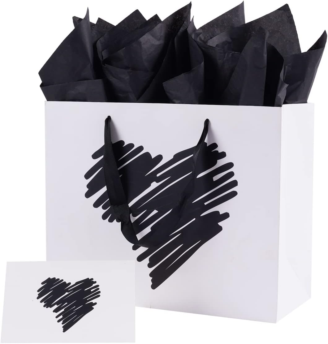 ysmile Large Gift Bag with Tissue Paper for Girl Women Mother Boy Father Birthday Anniversary Valentine 12.6" - White Black Heart