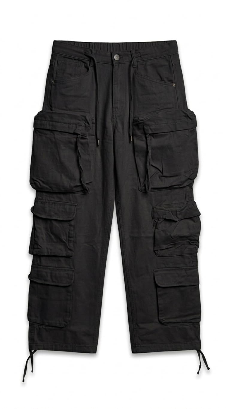 Men's Baggy Cargo Pants, Khaki, Denim Fabric, Multi-Pocket, Drawstring Waist, Straight Fit-picture-14