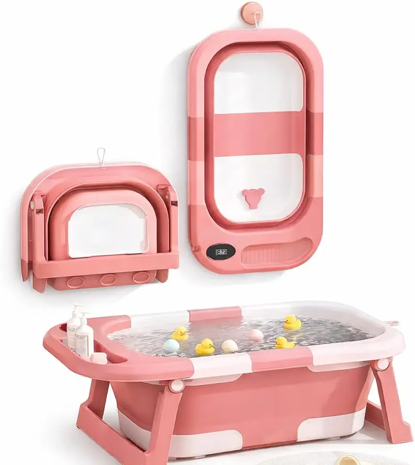 Banheira Bebê Dobrável com Termômetro Digital, Portátil e Compacta para Viagem e Apartamento (Cinza, Azul ou Rosa) (Rosa)