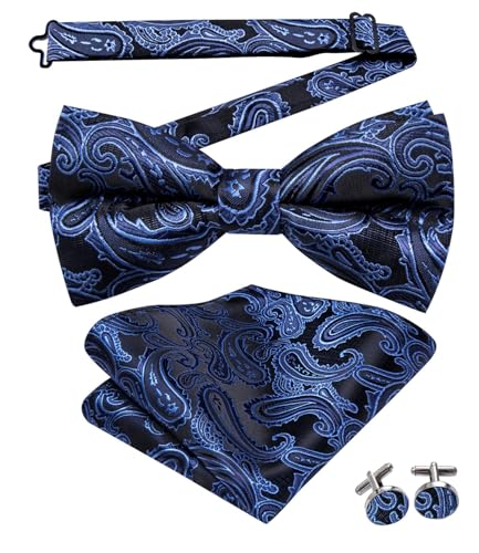 Image of Dubulle Navy Blue Mens Bowtie Paisley Striped Set Pre-tied Bowtie for Men and Pocket Square Wedding Business