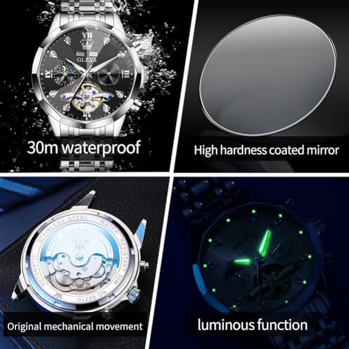 Image of OLEVS Automatic Men Watch Self Winding Mechanical Moon Phase Business Luxury Diamond Dress Stainless Steel Waterproof Luminous Mens Wrist Watch