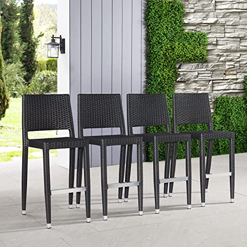 30" Bar Height Outdoor Patio Stools Set Of 4, Modern Hand-Woven Wicker Barstools With Mid-Backrest & Footrest, Durable Aluminum Frame Armless Bar Chair For Garden, Backyard, Pool, Lawn, Caelum, Bs005 #TOP3