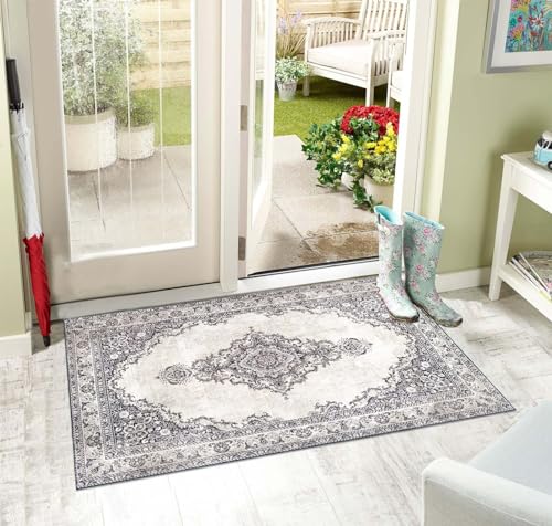 Boho Washable Rug 2'X 3' Entryway Rug Grey Brown Throw Rug Non-Slip Vintage Distressed Medallion Soft for Entrance Bathroom Kitchen Living Room