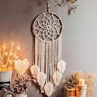 KHOYIME Arazzo Da Parete In Macramè Bohémien – 60x75 Cm – Foglie E Piume In Corda Di Cotone Con Bastone In Legno – Decorazione Chic Per Soggiorno, Camera Da Letto