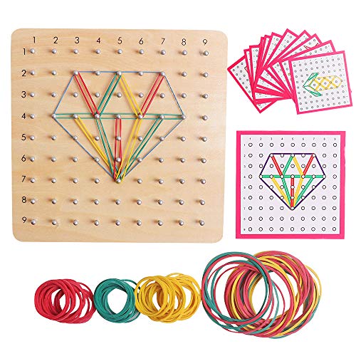 Wooden Geoboard Educational 9x9 Geoboards for Kids Montessori Manipulative Material Array Block Geo Board Graphical Math Toys with Pattern Cards and Rubber Bands Preschool Brain Teaser for Kids