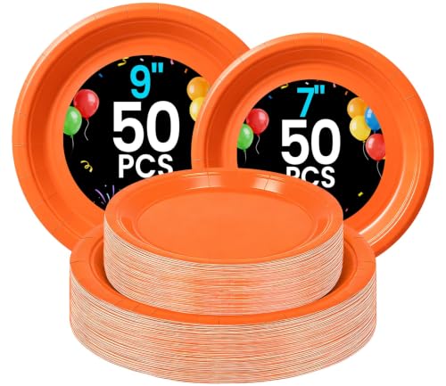 LANLISA Orange Paper Plates - Disposable Plates for Party, 50-9" & 50-7"