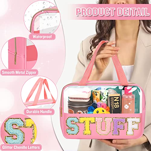 Preppy Clear Stuff Makeup Bags With Chenille Letter Patches, Travel Essentials Large Clear Make Up Bag Zipper Pouch With Handle, Waterproof Nylon Cosmetic Toiletry Storage Tote For Women (Stuff-Pink) #TOP2