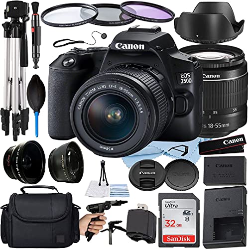 Canon EOS 250D Rebel SL3 Digital SLR Camera 24.1MP w EF-S 18-55mm + Telephoto + Wide Angle Lens + SanDisk 32GB Memory Card + A-Cell Accessory Bundle