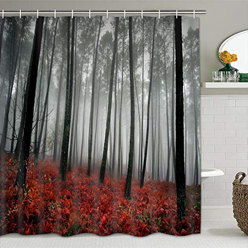 Bathroom Shower Curtain Mystic Forest Bathroom Curtain with 12 Hooks, Trees Red Leaves Shower Curtains Durable Waterproof Fabric Bath Curtain