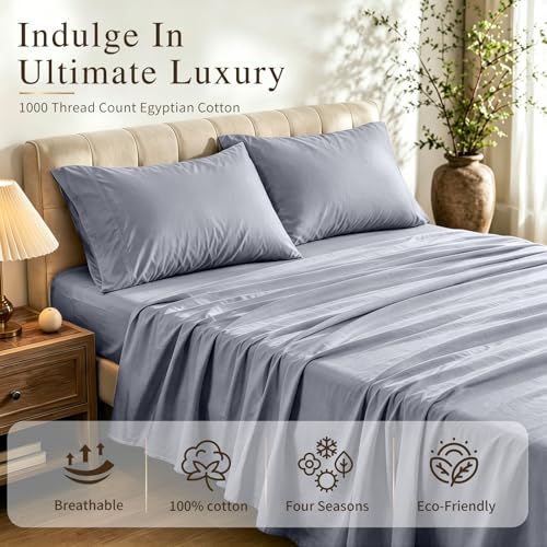 Image of MEISHANG 1000 Thread Count Cotton Sheets Queen Size - 100% Egyptian Cotton, Sateen Weave, Ultra Soft & Breathable Sateen, 16 inch Deep Pockets - 4 Piece (Queen, Grey)